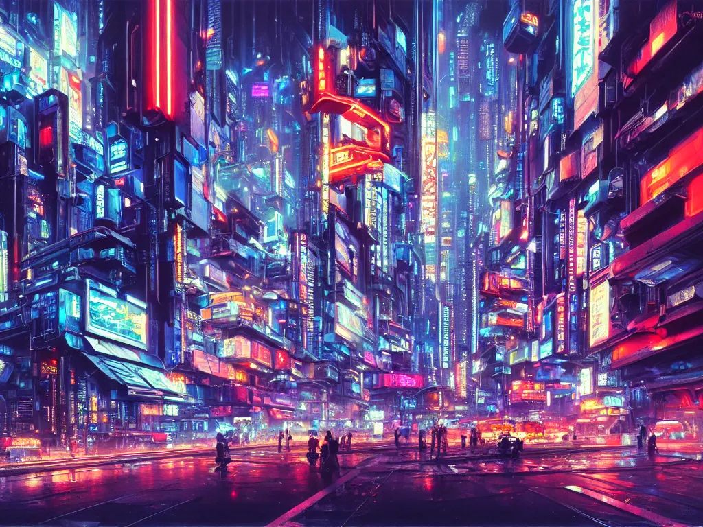 Prompt: hyperrealistic painting of a slice of life from a futuristic city, mechanical designs, night, technological, cinematic, cyberpunk ads, bright neon lights, sharp focus, cyberpunk style, highly detailed!, realism, acrylic on canvas, 8 k resolution, concept art, by noriyoshi ohrai, john berkey