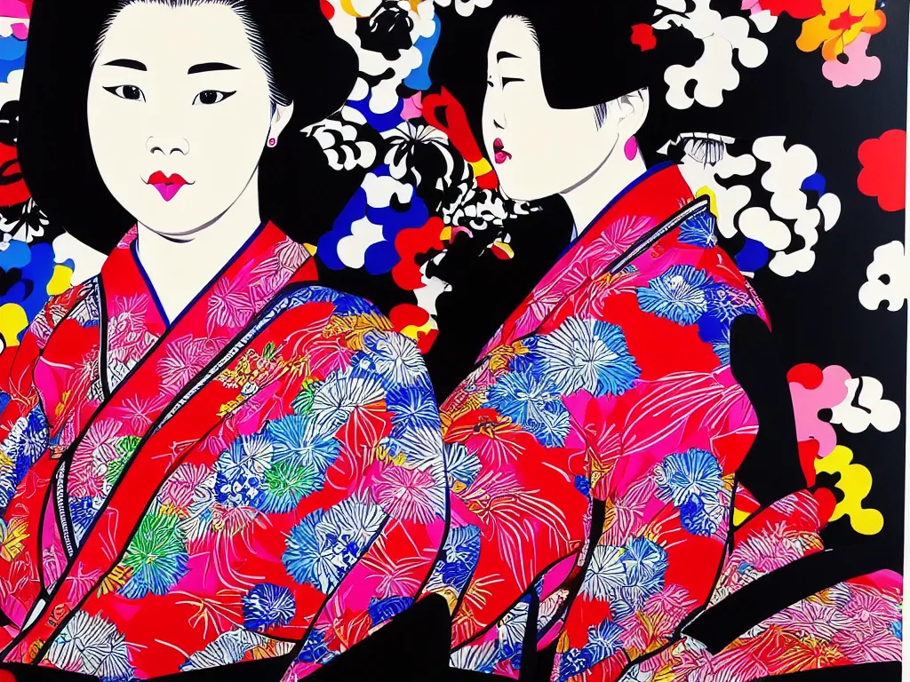 Image similar to hyperrealistic composition of the detailed woman in a japanese kimono sitting at a extremely detailed poker table with detailed darth vader, fireworks, mount fuji on the background, pop - art style, jacky tsai style, andy warhol style, acrylic on canvas