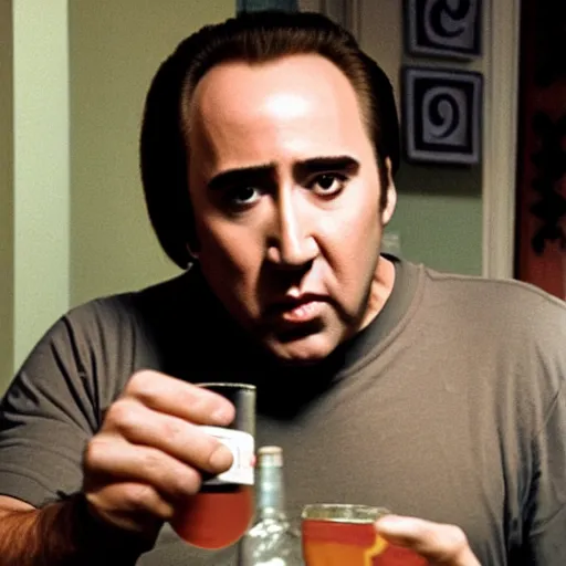 Image similar to Drinking of liquid Nicolas Cage from bottle.