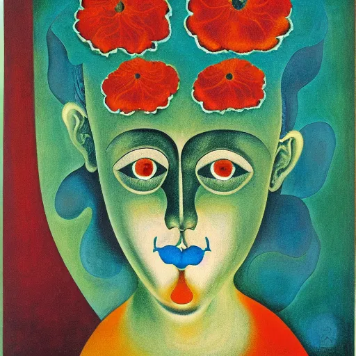 Image similar to floral face portrait by leonetto cappiello and wojciech siudmak and ernst fuchs, anni albers, oil on canvas