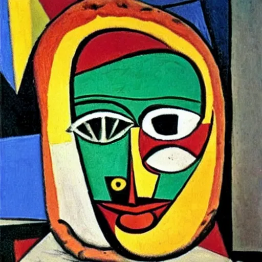 Prompt: Picasso painting of a pizza magaritha on a garden table