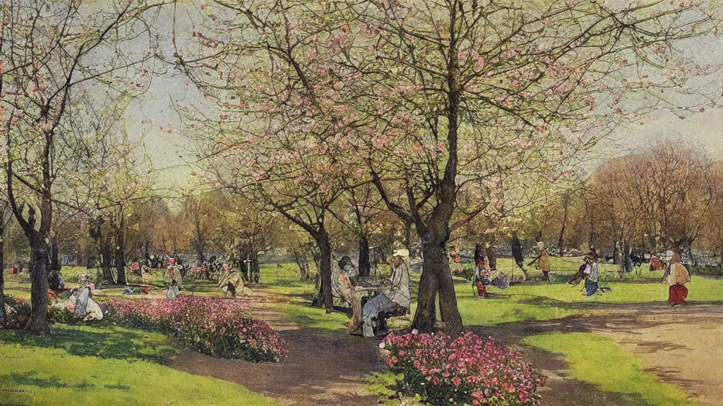 Prompt: gorgeous painting of a park in spring by carl larsson