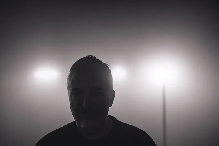 Image similar to a cinematic headshot portrait of an emotional middle aged male stood in a fog filled field, a neon light shines in the distance, perfectly lit face, ultra realistic, depth, beautiful lighting