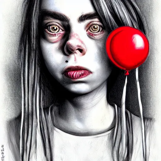 Prompt: surrealism grunge cartoon portrait sketch of billie eilish with a wide smile and a red balloon by - michael karcz, loony toons style, chucky style, horror theme, detailed, elegant, intricate