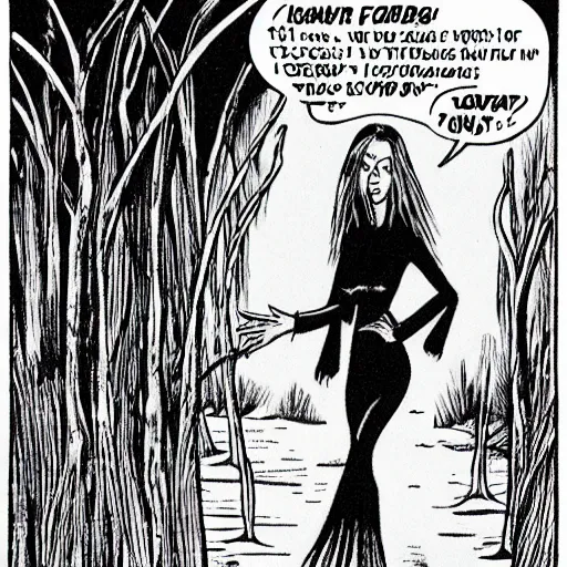 Image similar to tall slender woman with long grey hair in a black dress walking out of a swamp, by ec comics,