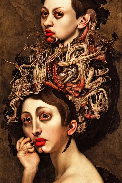 Image similar to Detailed maximalist portrait with large lips and with large, wide eyes, sad expression, HD mixed media, 3D collage, highly detailed and intricate, surreal anatomy, illustration in the style of Caravaggio, dark art, baroque
