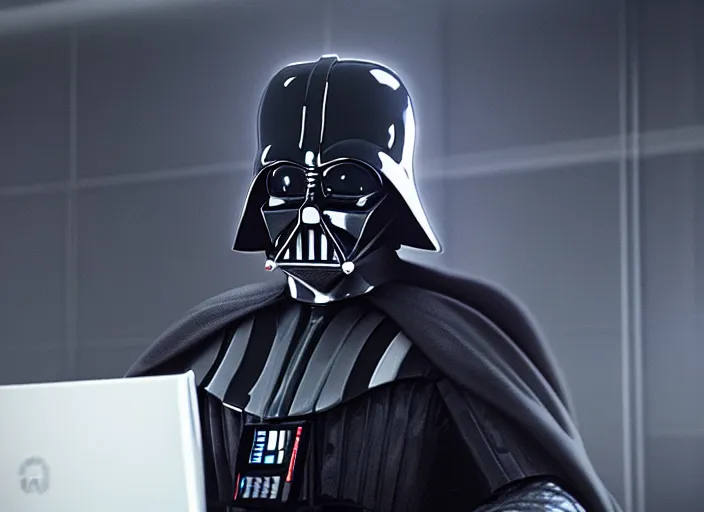 Image similar to film still of Darth Vader working in and office at a computer bored in the new Star Wars movie, 4k