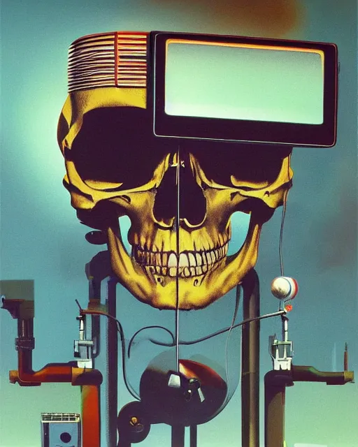 Image similar to a sarcastic skull observing 8 0 s era technology, vintage shapes, retro technology, vintage color, wayne barlow, oil on canvas, deep depth of field, masterpiece, cinematic composition, hyperdetailed