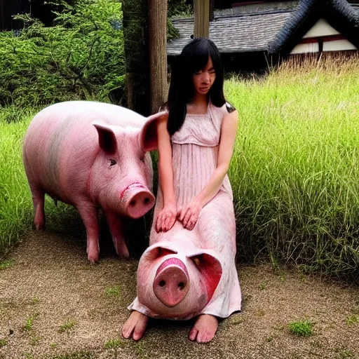 Prompt: “a tall emo girl with the head of a pig, at the Japanese pig shrine in Minami-Ashigara, grass and weeds”