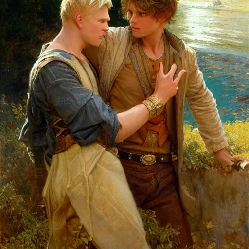 Image similar to attractive male, arthur pendragon who has blond hair confesses his love to attractive male, merlin who has dark hair. highly detailed painting by gaston bussiere, craig mullins, j. c. leyendecker 8 k