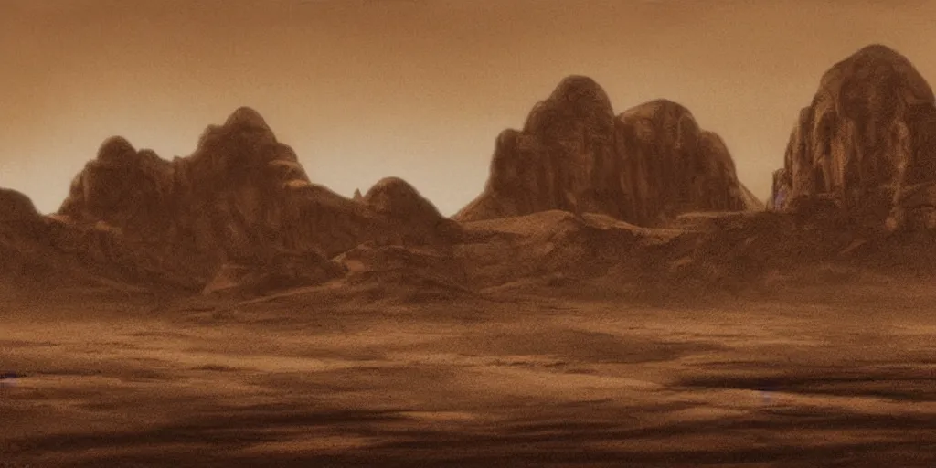 Image similar to a realistic sepia - toned photorealistic painting of wadi rum at night, dark, brooding, atmospheric, lovecraft