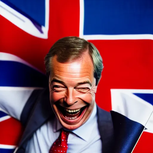 Image similar to nigel farage laughing holding burning euflag, studio photograph, hd, studio