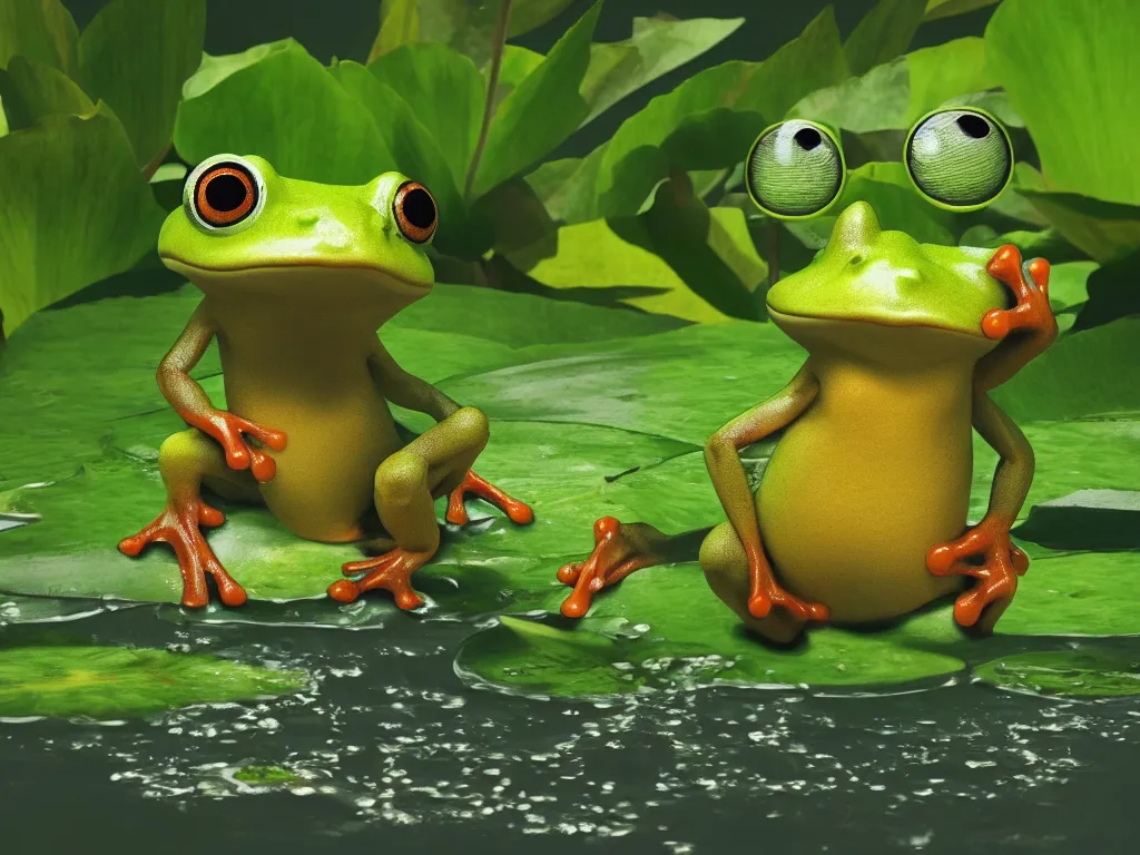 Image similar to frog cute character in water with water lily fireflies around, cute big eyes with details in body, vegetation, water, flying shot, portrait, full shot, symmetrical, frontal, rim light, pixar, octane render, digital art