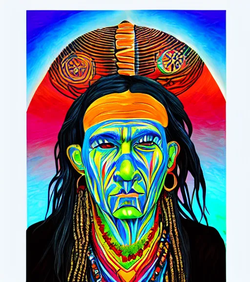 Prompt: Portrait painting in a style of Alex Grey of an old shaman dressed in a colorful traditional clothes.