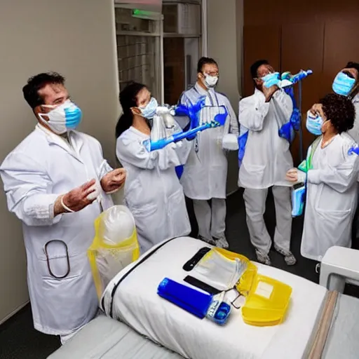 Image similar to doctors playing music with instruments made out of clear tubing, syringes, urine collection bag, iv pole, fluid bag, nebulizer equipment, bag - valve mask, intubation equipment, speculum, defibrillator, coban, flexiseal, picc dressing.