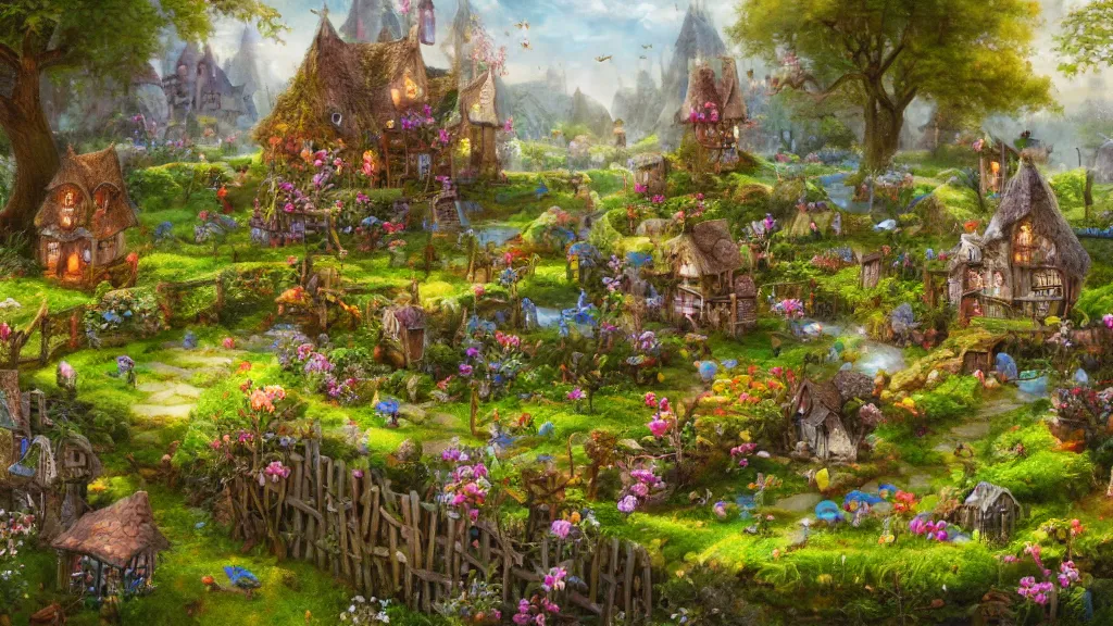 Prompt: a fairy village in a garden with tiny fences, toad stools and fairy hotels and homes with fairy's flying around, highly detailed oil painting, epic fantasy art, abstraction, masterpeice, 8k