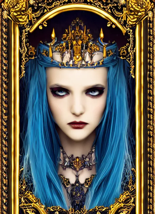 Prompt: baroque bedazzled gothic royalty frames surrounding a pixelsort rimuru tempest smiling, sky blue straight hair, bangs, with amber eyes, yellow golden eyes, wearing a black maximalist spiked jacket, high collar, ultra detailed, concept art, digital painting, pretty, cinematic, wlop artstation, sharpened early computer graphics, remastered chromatic aberration