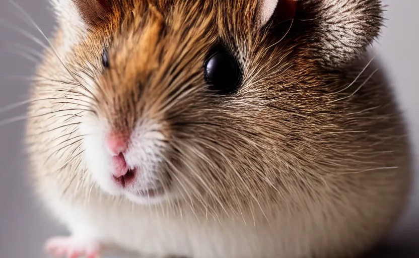 Image similar to studio photography of a king hamster with a crown and a coat, detailed face, cinematic lighting,, 8 k