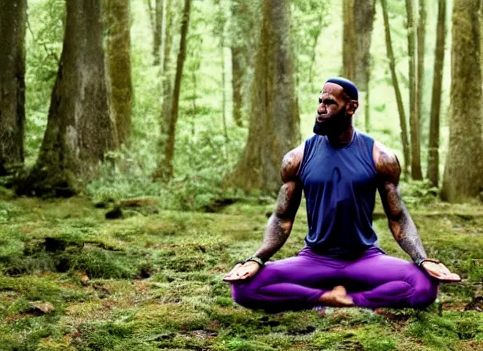 Image similar to lebron james doing yoga in the forest, film still in the new batman movie, 4 k