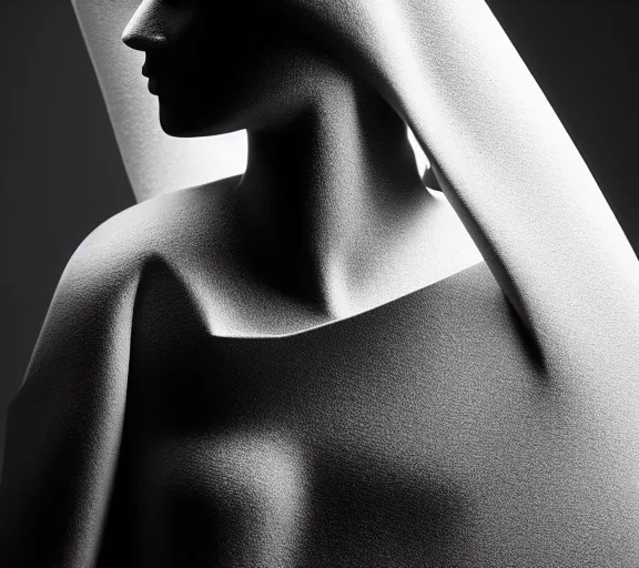 Image similar to extremely beautiful well lit fashion photo of a female statue wearing a neoprene asymmetrical ballgown in the style of rei kawakubo, yohji yamamoto, japanese avant garde fashion, statue, black marble, carving, glossy, vogue, beautiful lighting, clear, sharp focus, depth of field, portrait, editorial, vogue