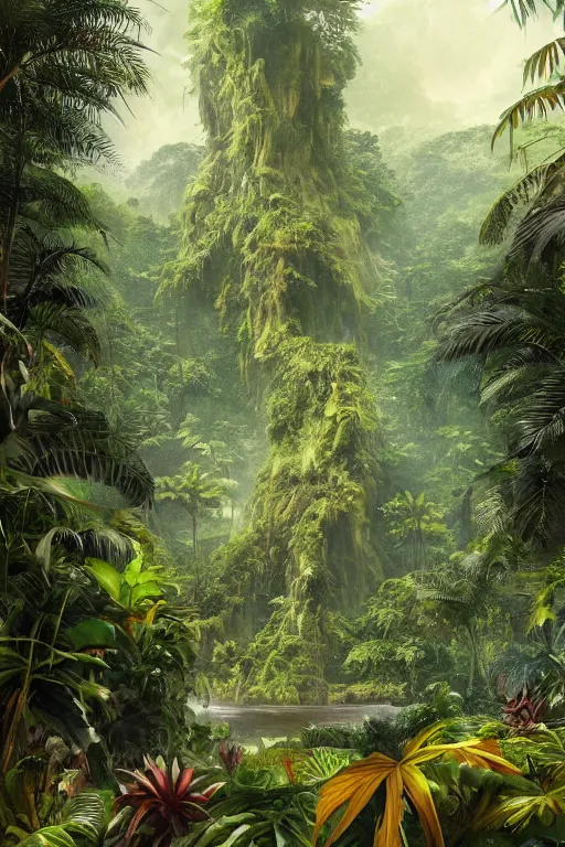 Image similar to a giant plant in the exotic jungle, landscape, alex ross, david finch, concept art, matte painting, highly detailed, rule of thirds, dynamic lighting, cinematic, detailed, denoised, centerd