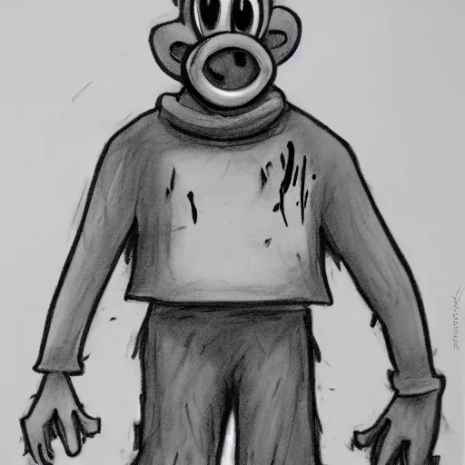 Image similar to a scary horror themed goofy-janitor, drawn with charcoal and pen and ink, half-tone-line-stacking