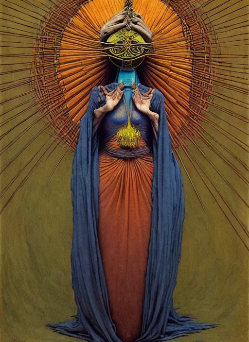 Image similar to soaring woman wearing a round mask with many thick long blades behind head. dressed in a long robe with wide sleeves and making namaste gesture. highly detailed, symmetric, concept art, saturated colors, masterpiece, fantasy art, hyperdetailed, hyperrealism, art by zdzisław beksinski, arthur rackham, dariusz zawadzki, larry elmore