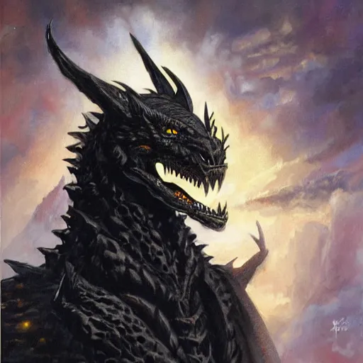 Prompt: Portrait of a terrible black dragon by Ralph Horsley