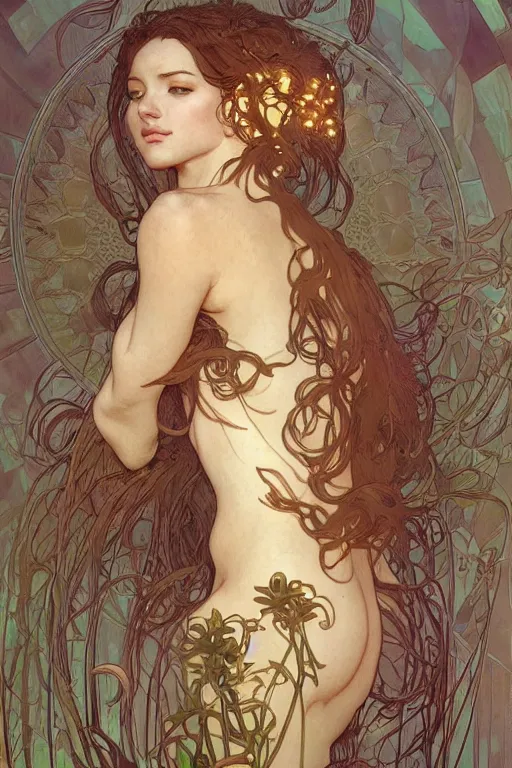 Prompt: beautiful natural coy cottagecore goddess maiden, master drawing, intricate, elegant, highly detailed, digital painting, artstation, concept art, smooth, sharp focus, illustration, art alphonse mucha and james gurney and craig mullins and wlop