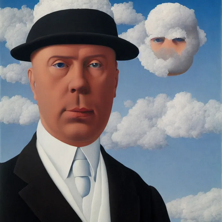 Prompt: portrait of a man whos head is made of clouds, by rene magritte, centered, detailed painting, hd, hq, high resolution, high detail, 4 k, 8 k
