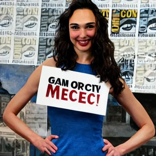 Image similar to Gal Gadot holding a sign that says M I T C H I E P O O !!!! as painted by Ralph Horsley