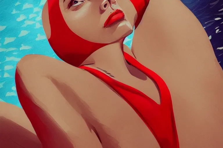 Image similar to fishes swim around woman in red swimsuit, highly detailed, smooth, sharp focus, concept art, illustration, beautiful, geometric, trending on artstation, cinematic, behance featured, artwork by Bowater, Charlie