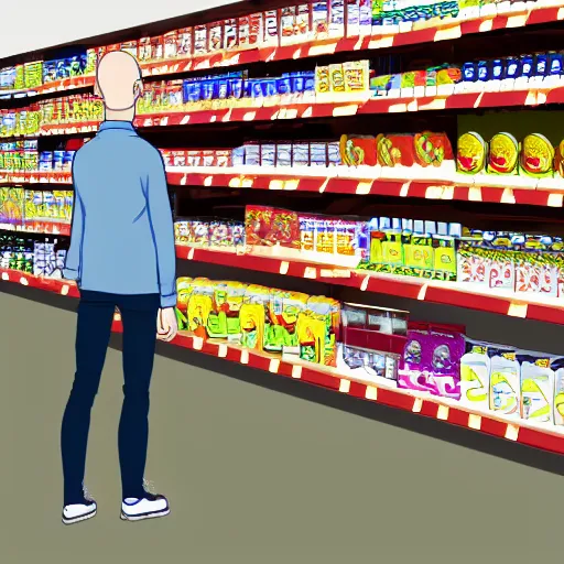 Prompt: Saitama in a supermarket, digital drawing