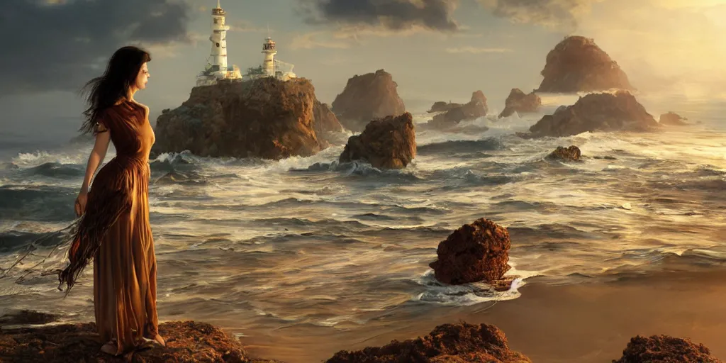 Image similar to ! dream photorealistic long shot of big sun rough sea and jagged rocks, nets, plastic bottles, garbage, sand and sea, golden hour, dark mystical goddess wearing a qipao, cheongsam, environmental, fantasy, atmospheric, hyper realistic, artstation, art by artgerm, andres rodriguez and john william waterhouse