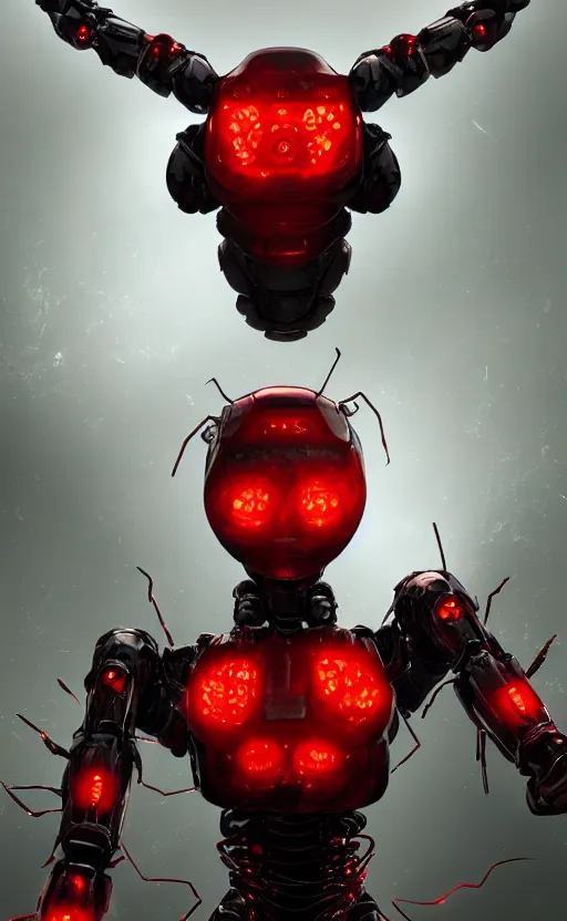 Image similar to a robot humanoid spider with 4 arms with claws, glowing red eyes, in a black carbon and red fiber armor, smiling creepily, dynamic lighting, photorealistic fantasy concept art, trending on art station, stunning visuals, creative, cinematic, ultra detailed