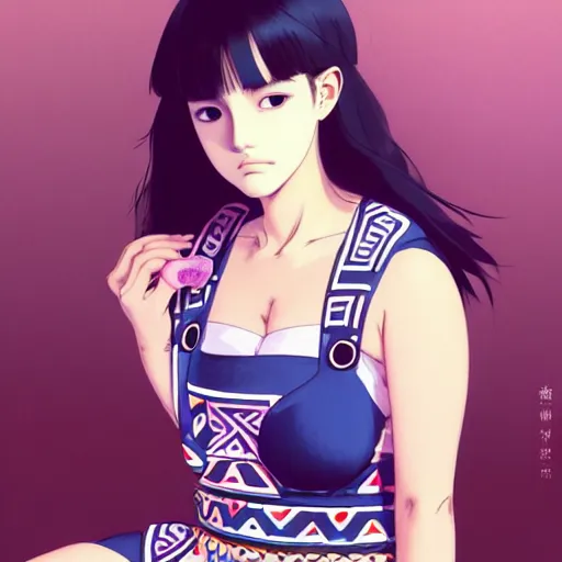 Image similar to a beautiful plus sized model japanese natalie portman, alluring plus sized model, wearing mayan leotard with overalls, street fashion hip hop style with mayan patterns, aztec street fashion, gapmoe yandere grimdark, trending on pixiv fanbox, painted by greg rutkowski makoto shinkai takashi takeuchi studio ghibli, akihiko yoshida