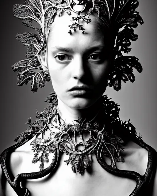 Image similar to surreal dark poetic black and white photo portrait of complex bio-mechanical beautiful young silver female vegetal-cyborg with a fur metal fine lace face, a very long neck and a fine metal floral foliage super big lace collar by Vivienne Westwood:: smoke, high fashion, haute couture, rococo, avant-garde, silver filigree details, anatomical, facial muscles, cable wires, microchip, elegant, dreamy, foggy atmosphere, hyper realistic, 150 mm lens, soft rim light, octane render, unreal engine, picture was taken in 1910 by Man Ray, volumetric lighting, dramatic light,8k,