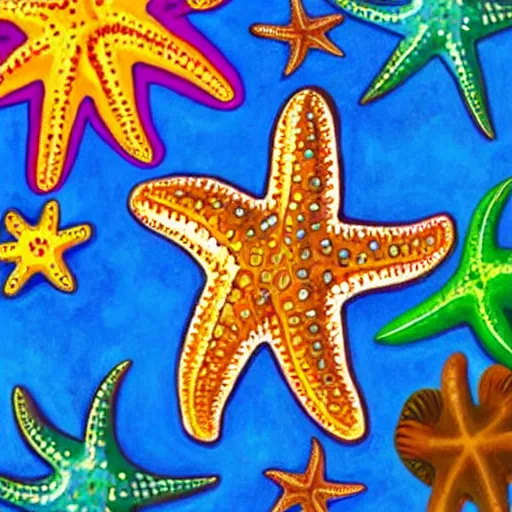 Image similar to a painting of a giant brown starfish with the words c and starfish in big letters. children in a school band playing nearby, playing instruments. realistic. ultra detailed. art by lisa frank