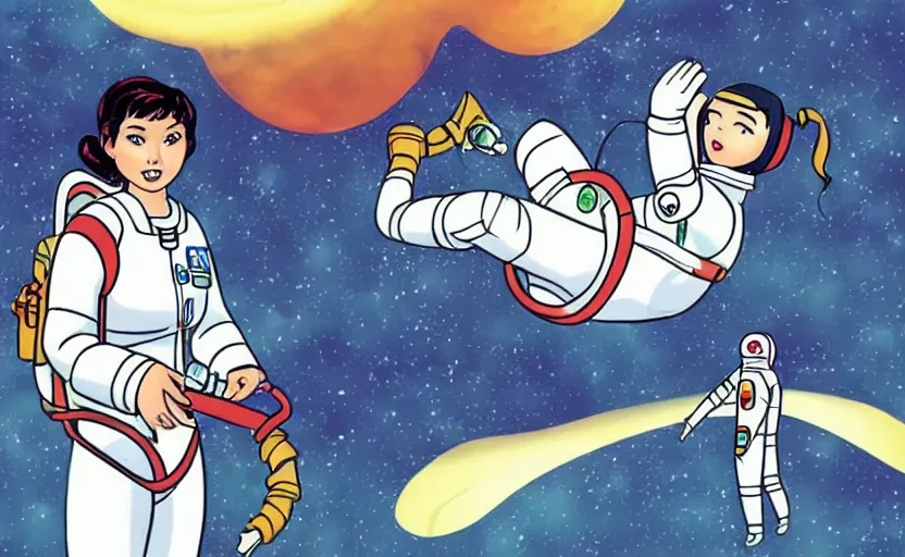 Prompt: a female astronaut floating in a scenic space environment in the style of yoko tsuno