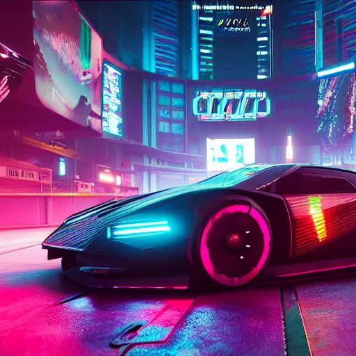 Image similar to Cyberpunk 2077 super car, cinematic lighting, 8k, high resolution, hyper-detailed ,beautiful, hyper realistic