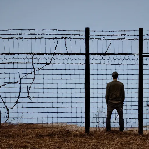 Prompt: a man standing in front of a fence with barbed wire, minimalism, dystopian art