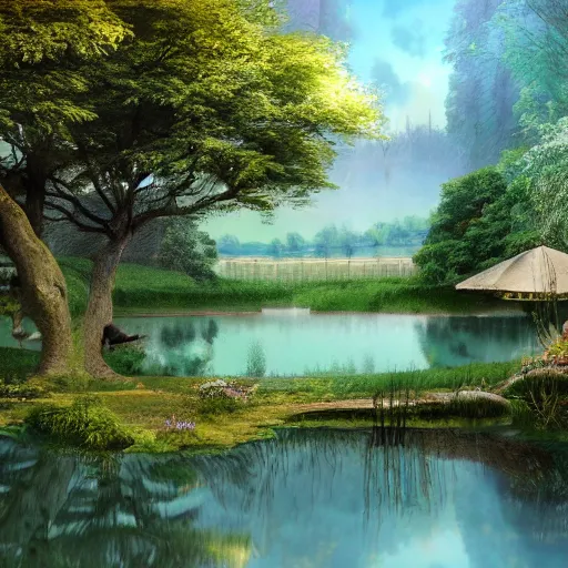 Prompt: peaceful luxurious pond, matte painting, concept art