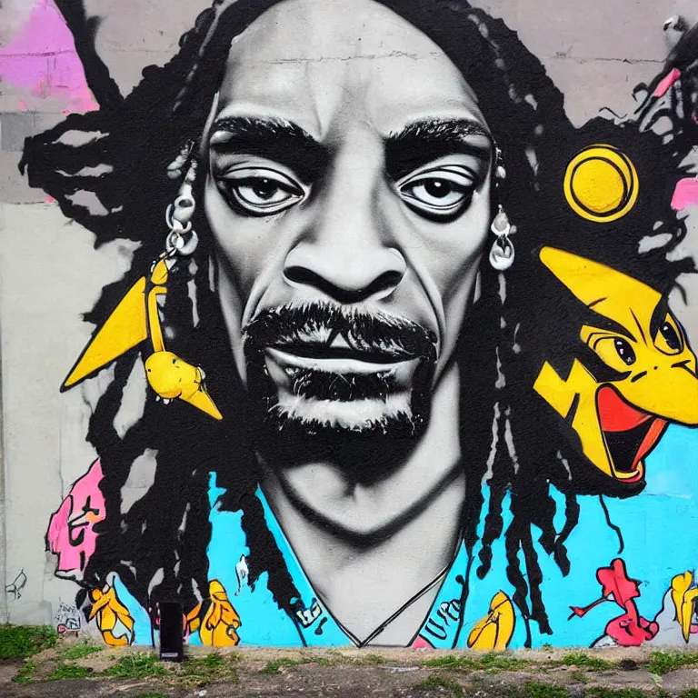 Image similar to Street-art portrait of Snoop Dog as a Pokemon Trainer in style of Banksy, photorealism