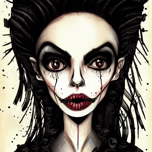 Image similar to a rotten smug exclusivists female, black ink line art and watercolor, intricate, digital painting, concept art, smooth, focus, rim light style tim burton