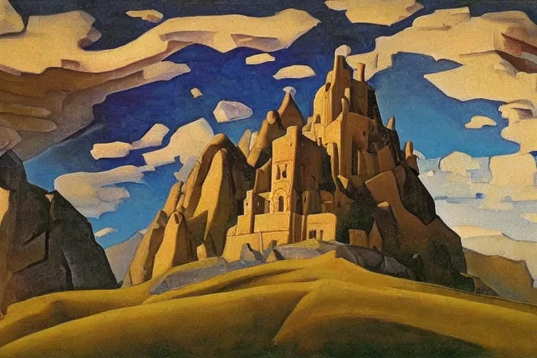 Image similar to A oil painting of a castle in the mountains by Nicholas Roerich, by Georgia o Keeffe, by Gustave Moreau
