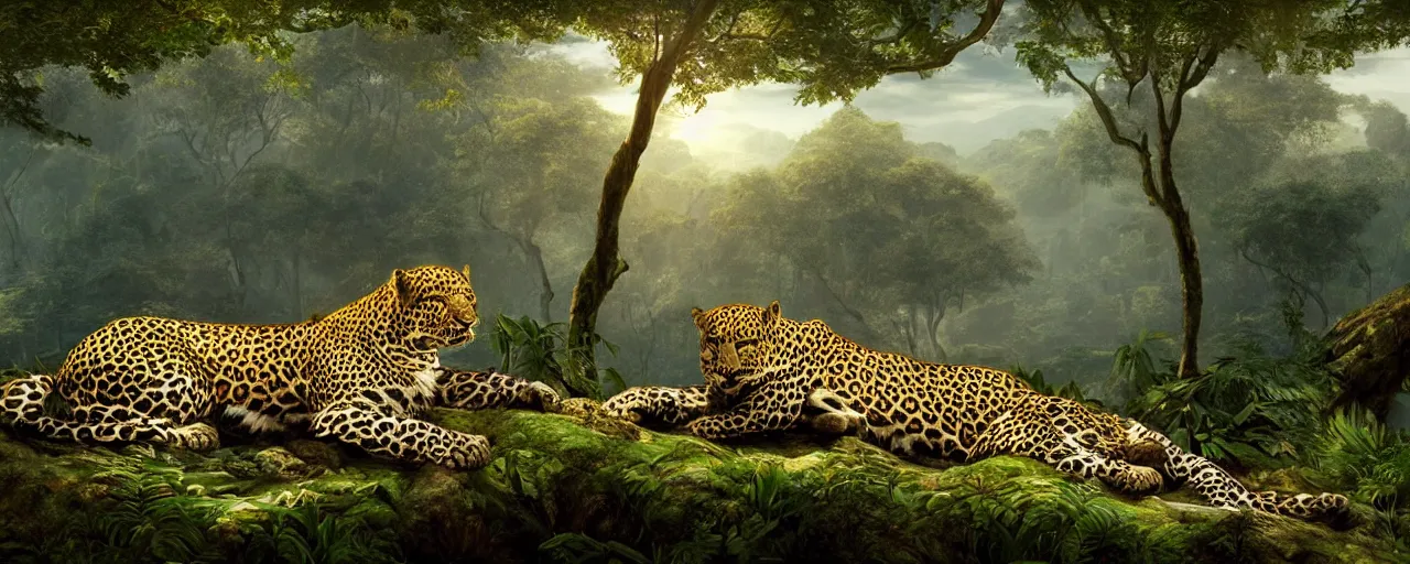 Image similar to leopard laying down in the jungle, beautiful dynamic lighting, cinematic, wide angle establishing shot, extremely high detail, photo realistic, cinematic lighting, post processed, concept art, artstation, matte painting, style by frederic church, raphael lacoste, unreal engine 8 k