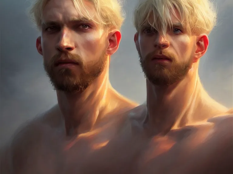 Image similar to mandor, prince of chaos character!!!, blond!!, hyperrealistic, highly detailed, cinematic, volumetric sunlight, beautiful, cgssociety, artstation, 8 k, oil painting by greg rutkowski, by artgerm, by wlop