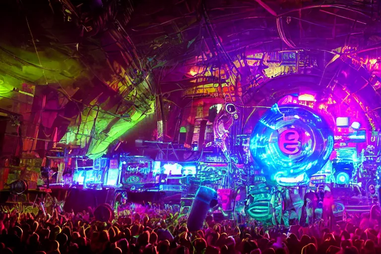 Prompt: an outdoor festival stage with audience, neon letters tripmachine, center of the stage is a big futuristic steampunk generator with gears and belts and tubes, surrounded by big cyberpunk loudspeakers, rock musicians on the stage, laser show, 8 k, fluorescent colors, halluzinogenic, multicolored, exaggerated detailed, unreal engine