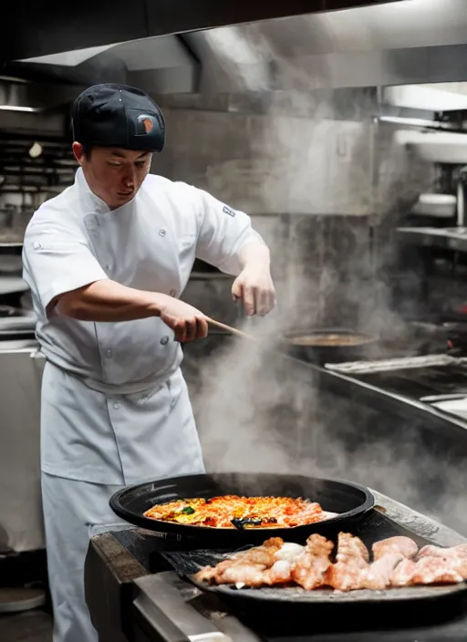 Prompt: a 2 8 mm macro photo from the back of a yakitori chef elon musk cooking in a commercial kitchen, splash art, movie still, bokeh, canon 5 0 mm, cinematic lighting, dramatic, film, photography, golden hour, depth of field, award - winning, anamorphic lens flare, 8 k, hyper detailed, 3 5 mm film grain