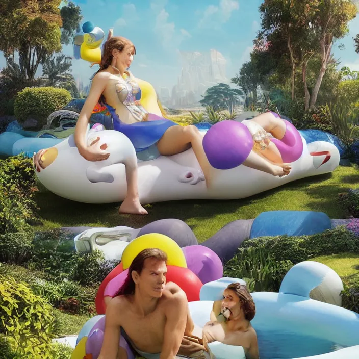 Prompt: minimal modernist jeff koons bauhaus style neverending story inflatable pool floats, ultra realistic, concept art, intricate details, serious, highly detailed, photorealistic, octane render, 8 k, unreal engine, art by todd mcfarlane and artgerm and greg rutkowski and alphonse mucha